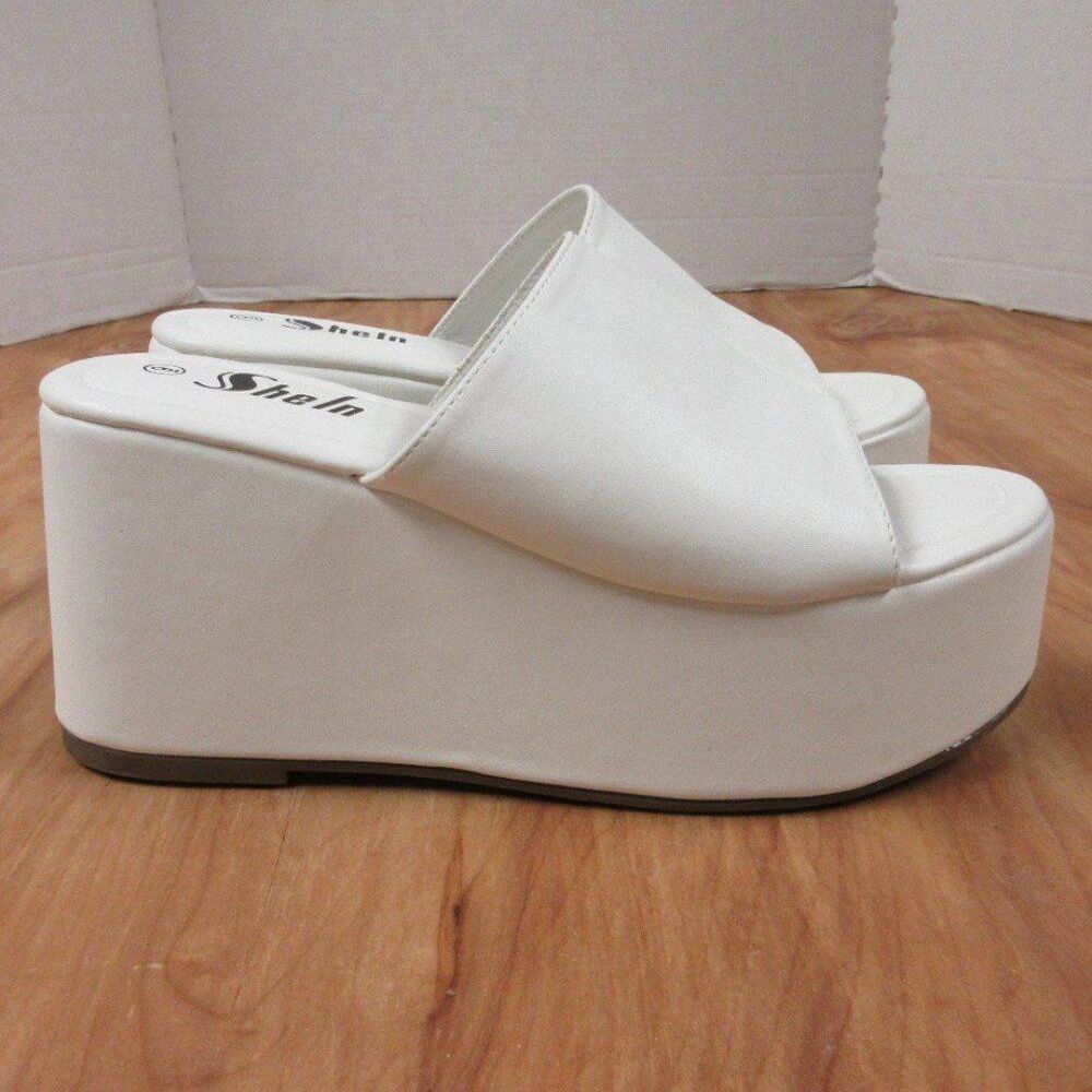 SHEIN Thick Platform Wedge Heel Slide Mule Womens Sz 9 Slip On White‎ Sandal NEW
